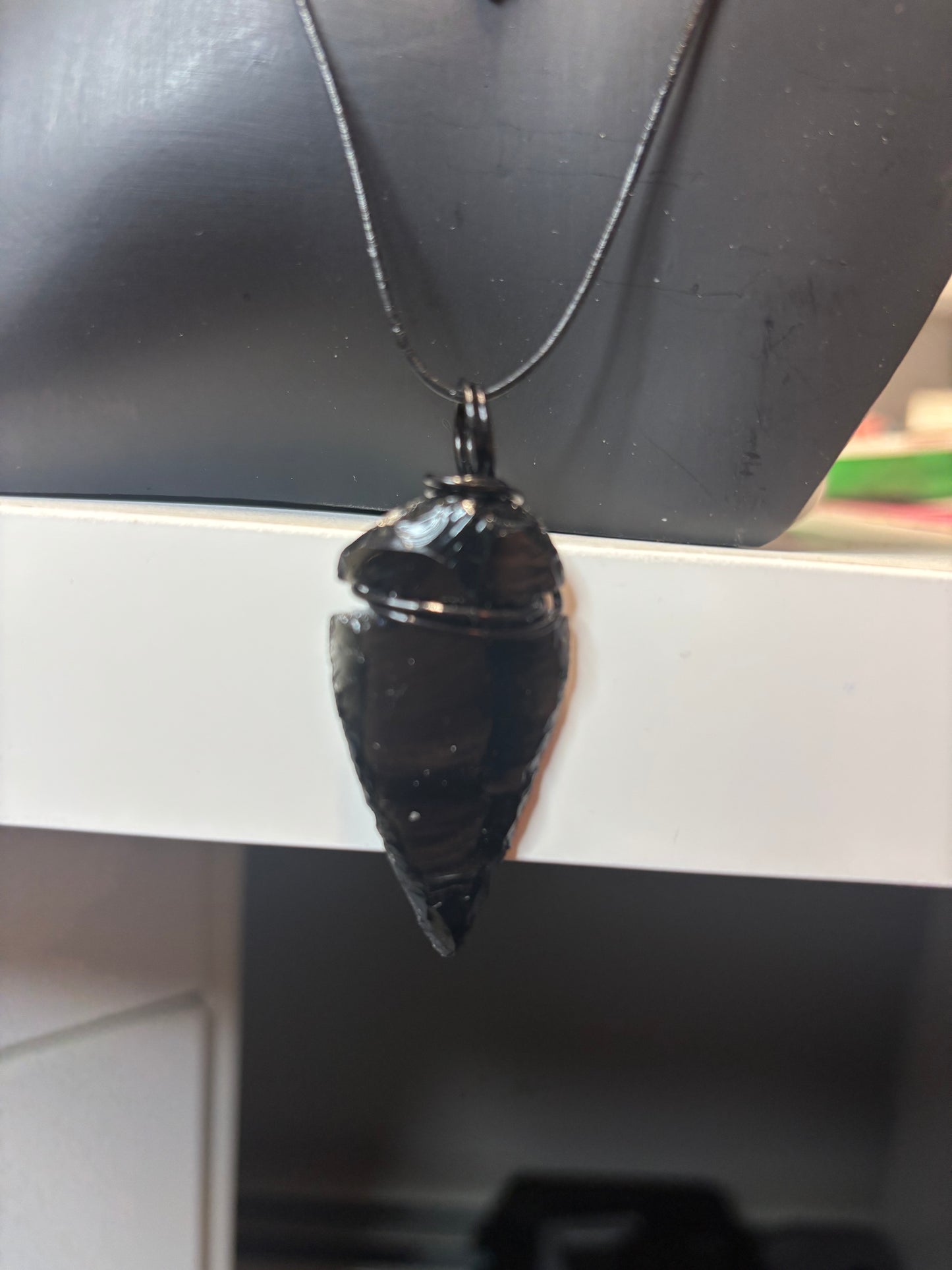 Obsidian Arrowhead (Wire-wrapped & leather cord.