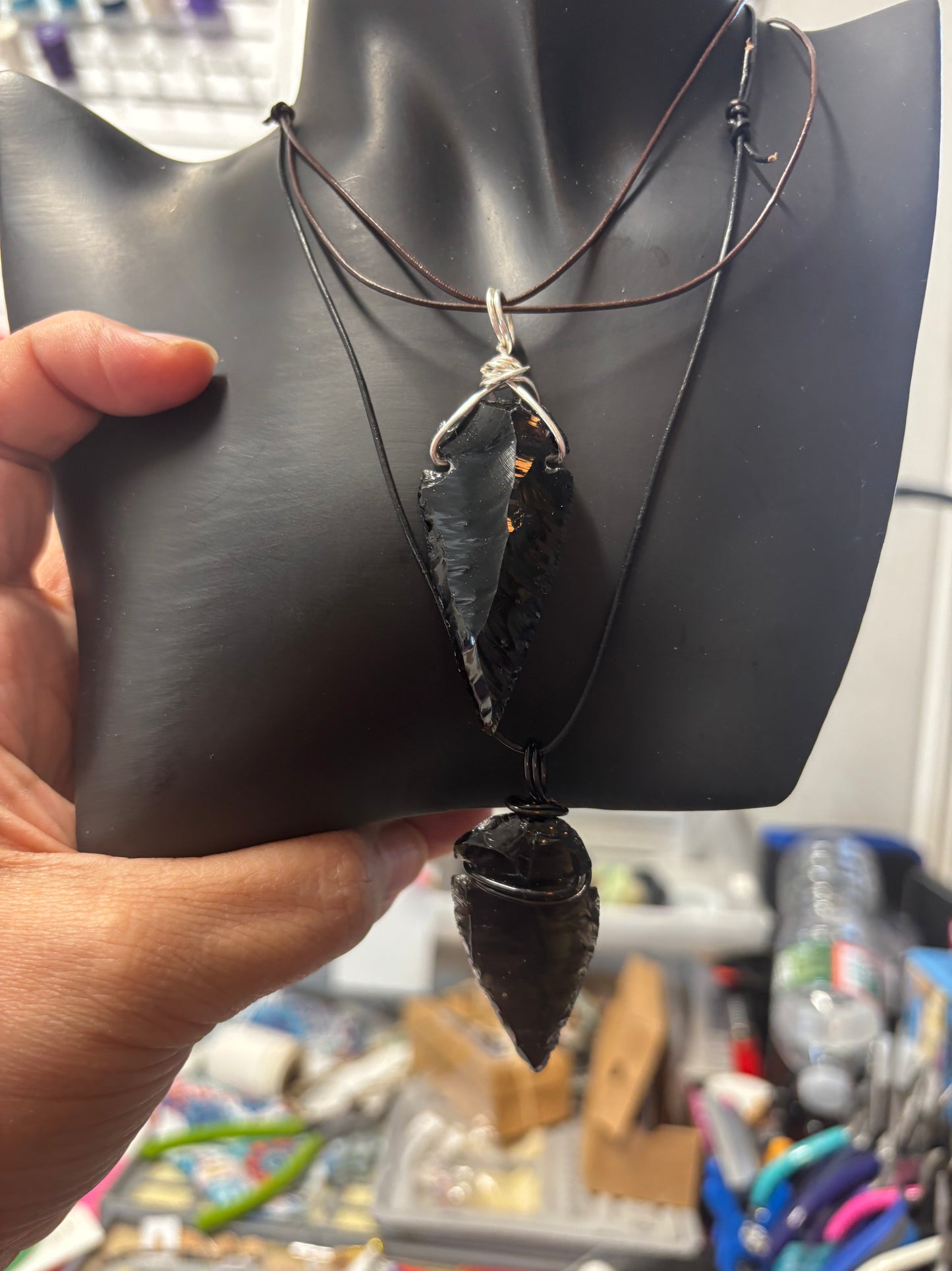 Obsidian Arrowhead (Wire-wrapped & leather cord.