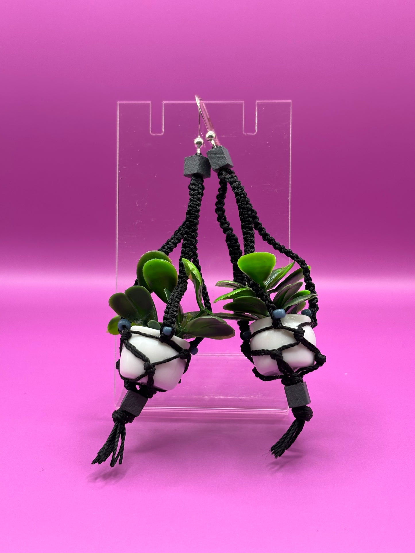 Black Cord/ Beige Gray Wood Bead Signature Plant hanger earrings